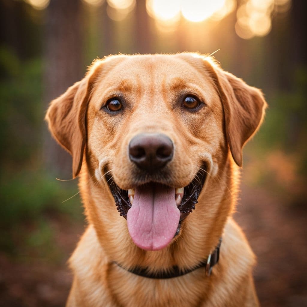 A happy working dog with bright eyes resting in a forest setting.