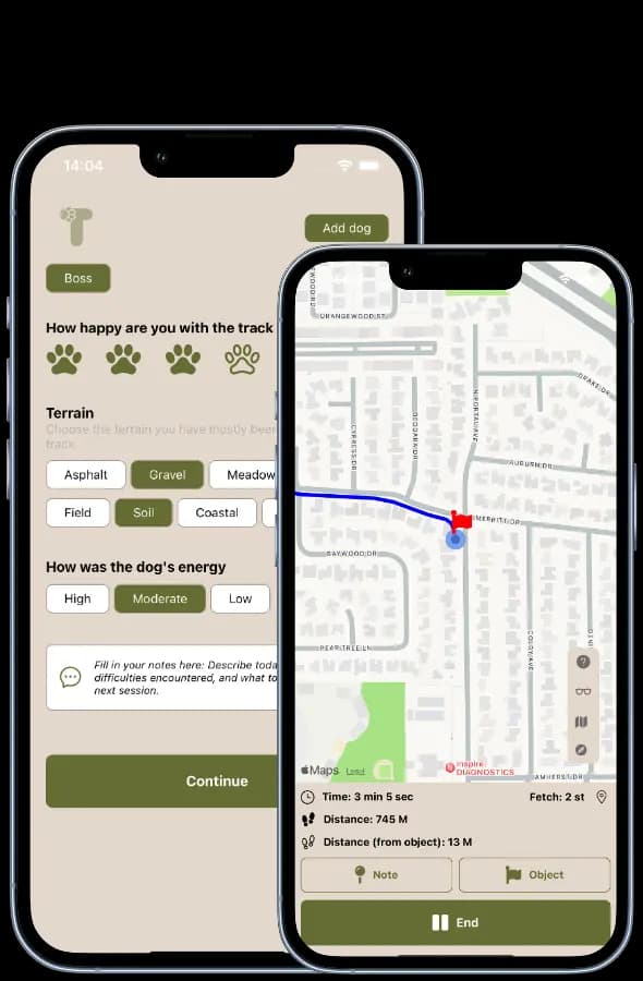 TrackFellow live track screen showing the route, articles and score.