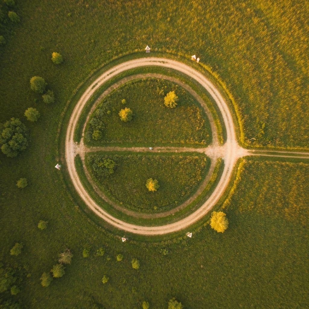 Aerial view of a winding scent trail through a meadow with markers.