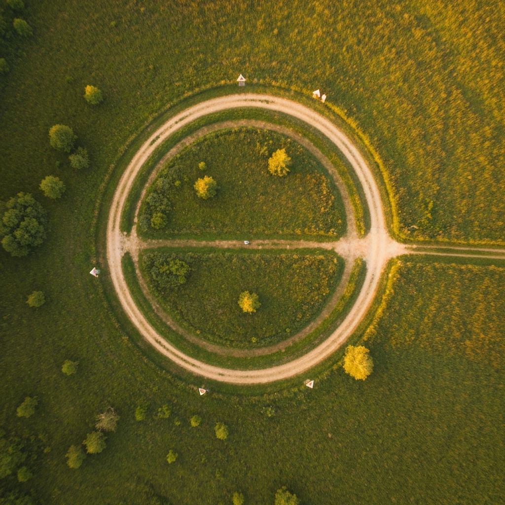 Aerial view of a winding scent trail through a meadow with markers.